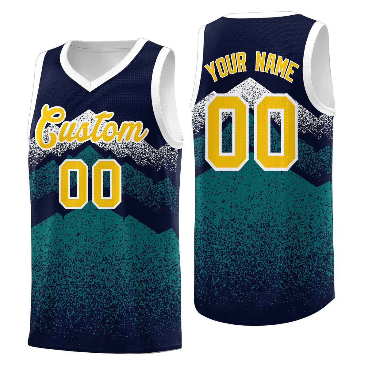 Custom Youth Basketball Jerseys Navy Teal Gradient Mountain Design Uniforms