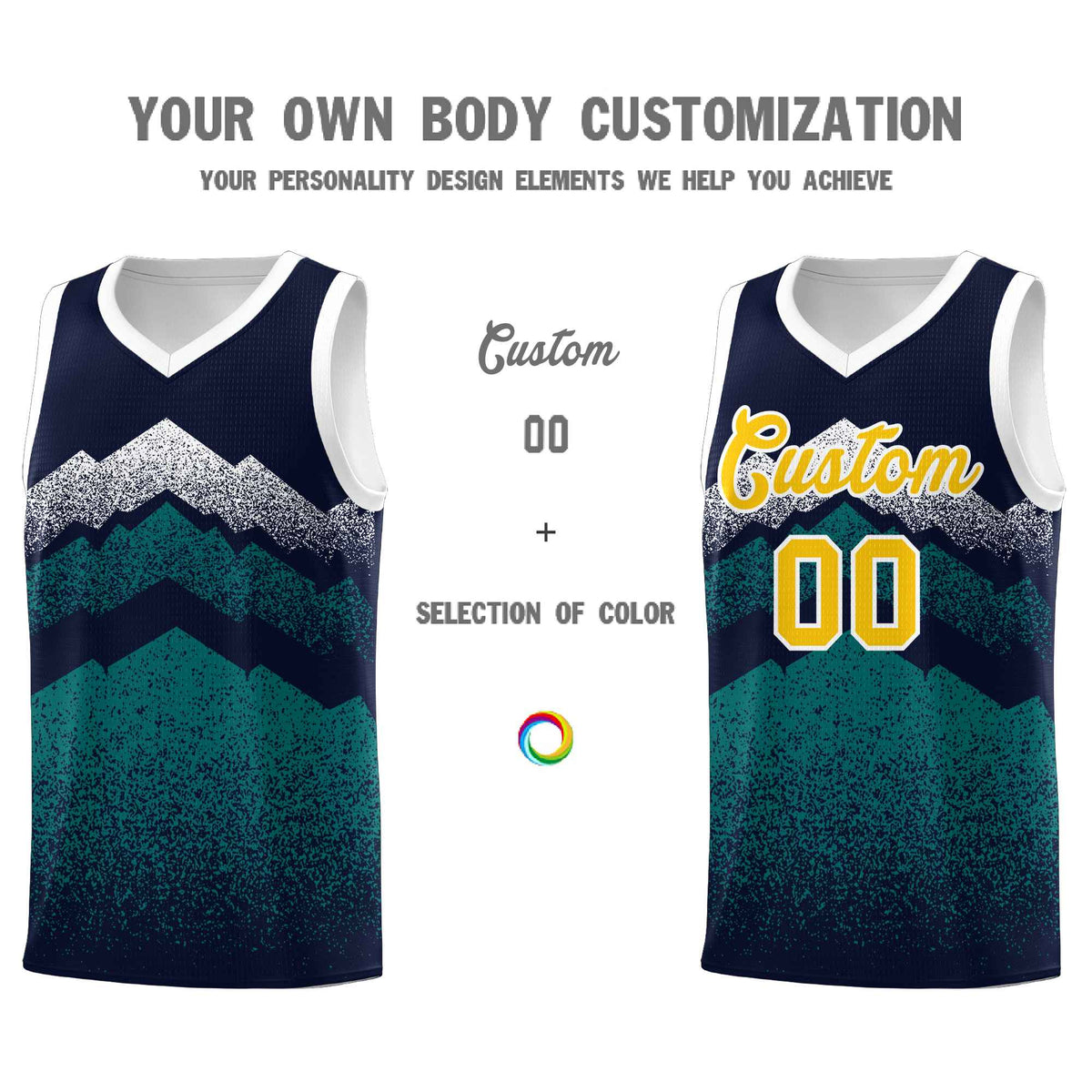Custom Youth Basketball Jerseys Navy Teal Gradient Mountain Design Uniforms