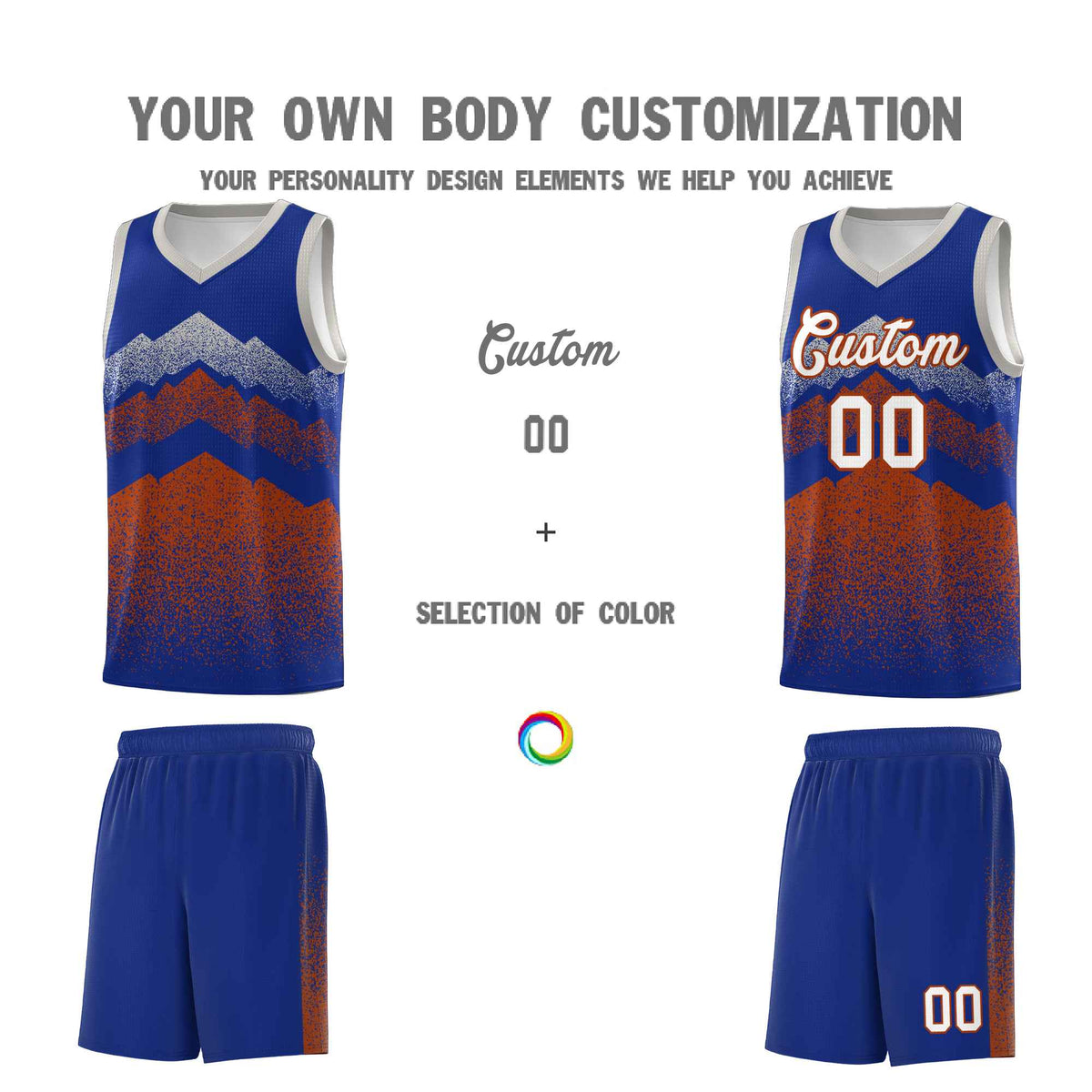 Custom Youth Basketball Jerseys Royal Dark Orange Gradient Mountain Design Uniforms
