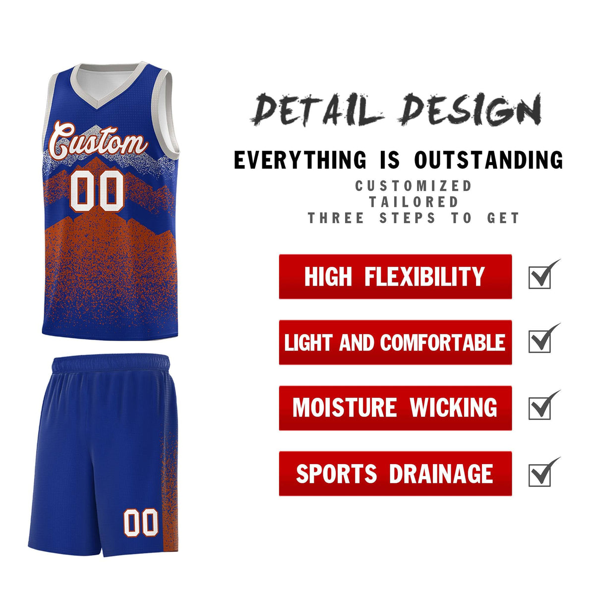 Custom Youth Basketball Jerseys Royal Dark Orange Gradient Mountain Design Uniforms