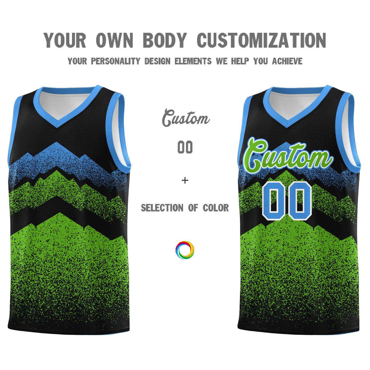 Personalized Youth Basketball Jerseys   Black Green Gradient Mountain Design Uniforms