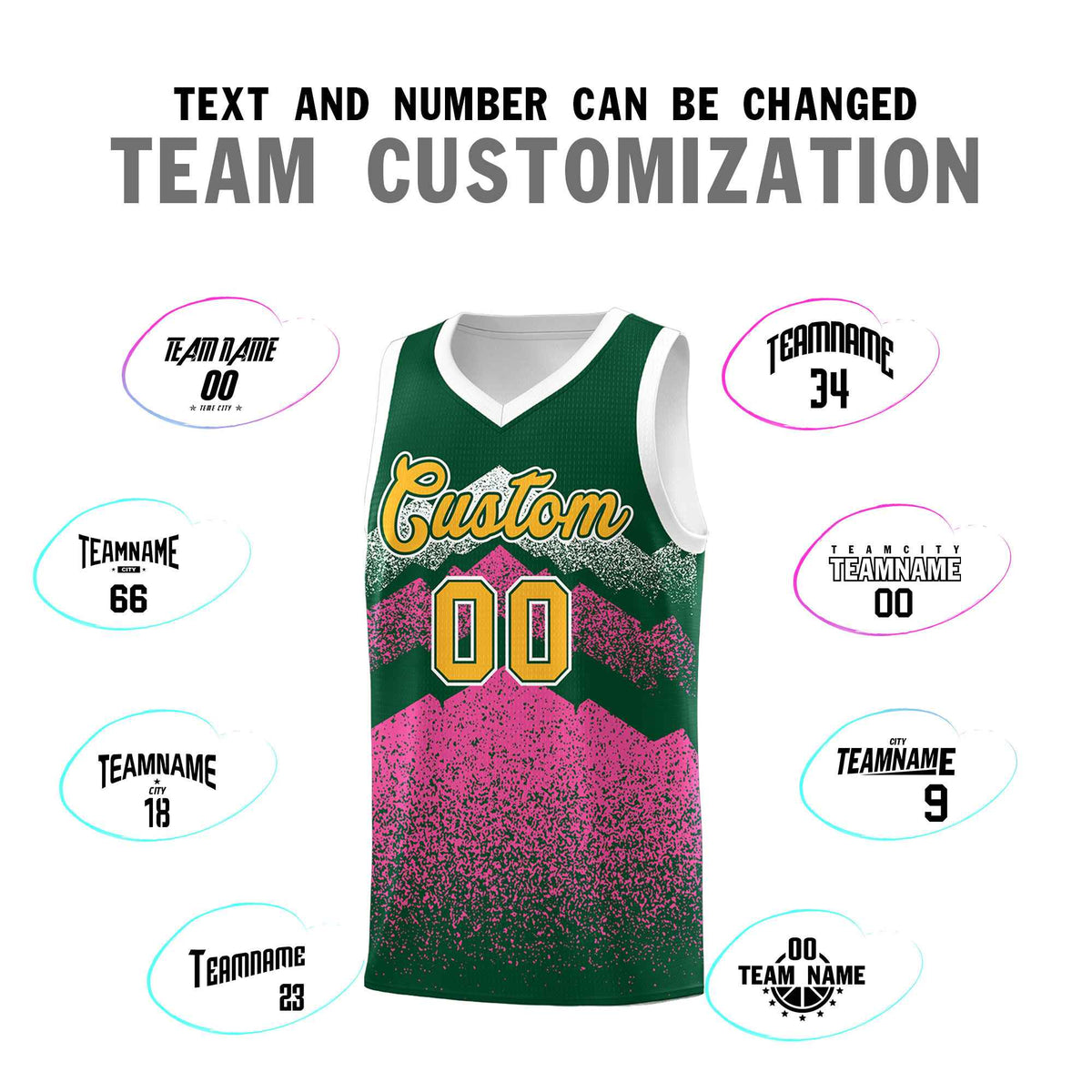 Custom Youth Basketball Jerseys Green Pink Gradient Mountain Design Uniforms