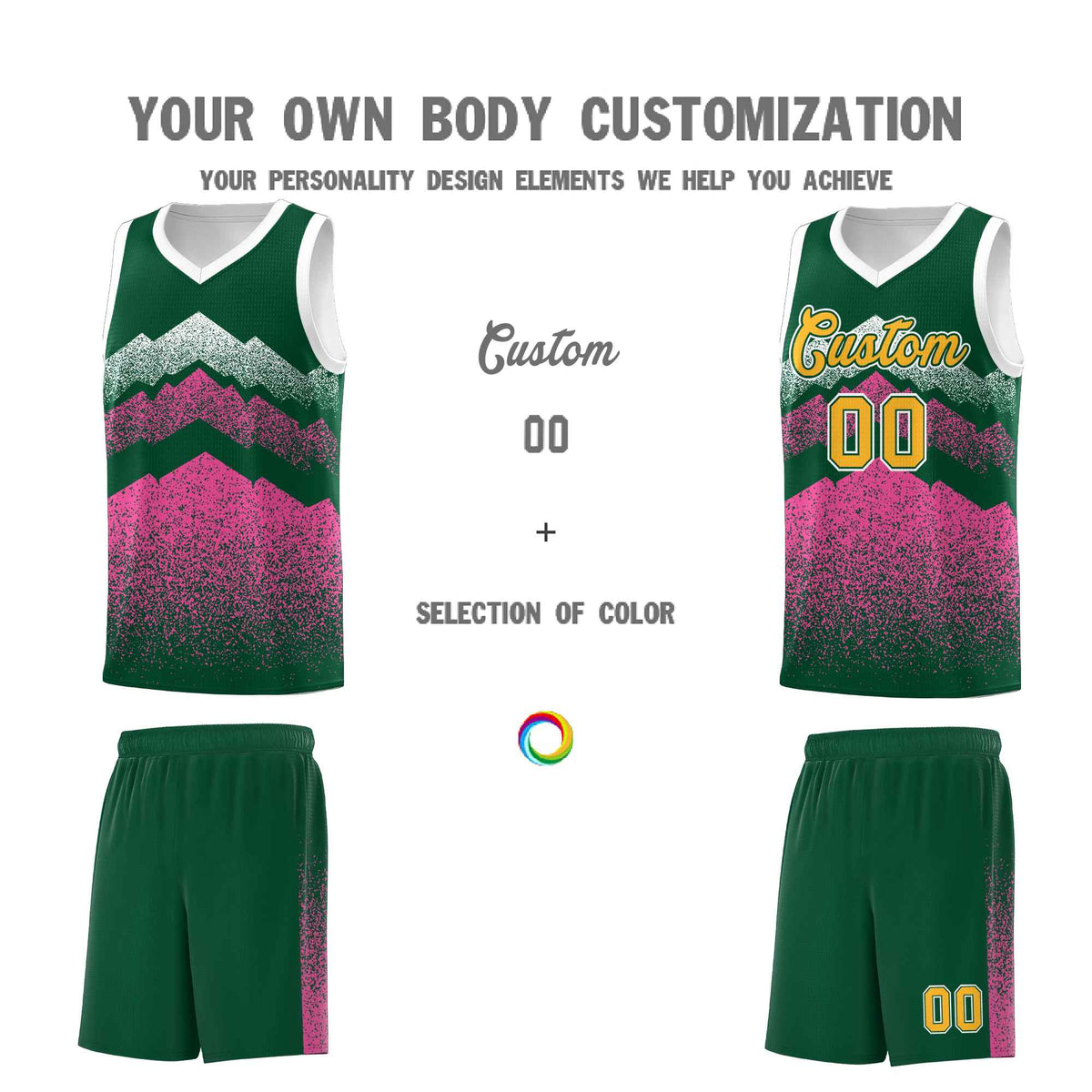 Custom Youth Basketball Jerseys Green Pink Gradient Mountain Design Uniforms