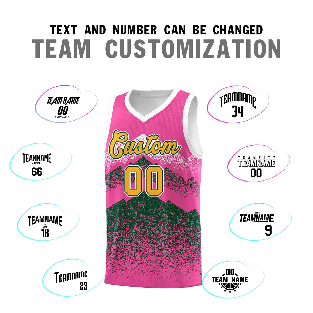 Personalized Youth Basketball Jerseys   Pink Green Gradient Mountain Design Uniforms