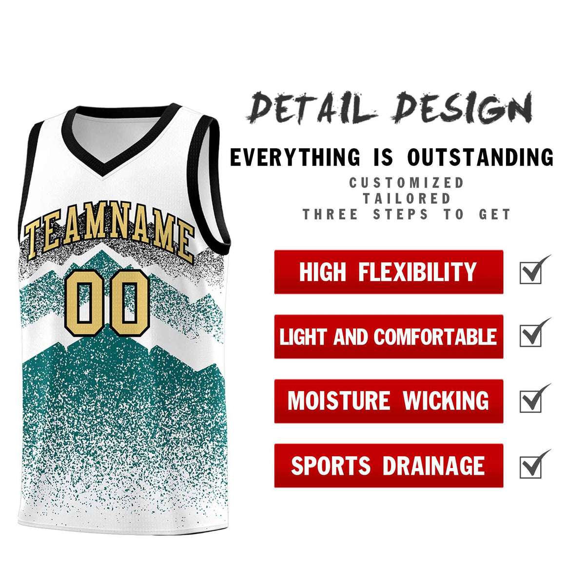 Custom Youth Basketball Jerseys White Teal Gradient Mountain Design Uniforms