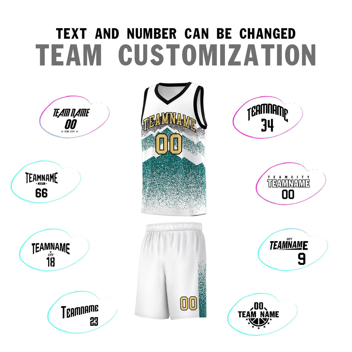 Custom Youth Basketball Jerseys White Teal Gradient Mountain Design Uniforms