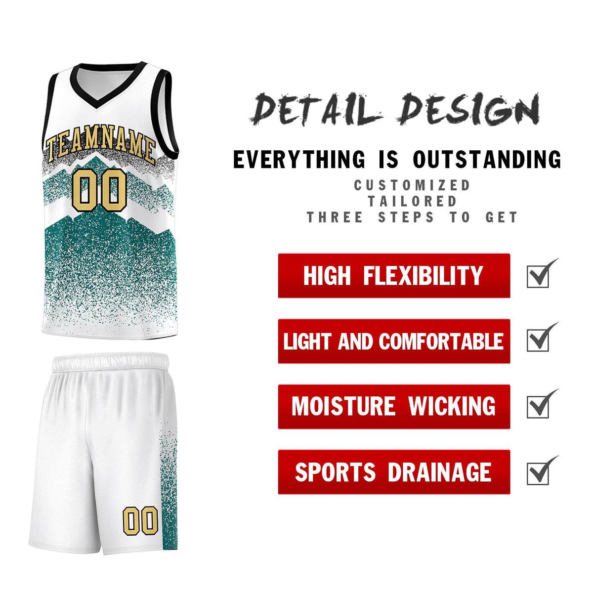 Custom Youth Basketball Jerseys White Teal Gradient Mountain Design Uniforms