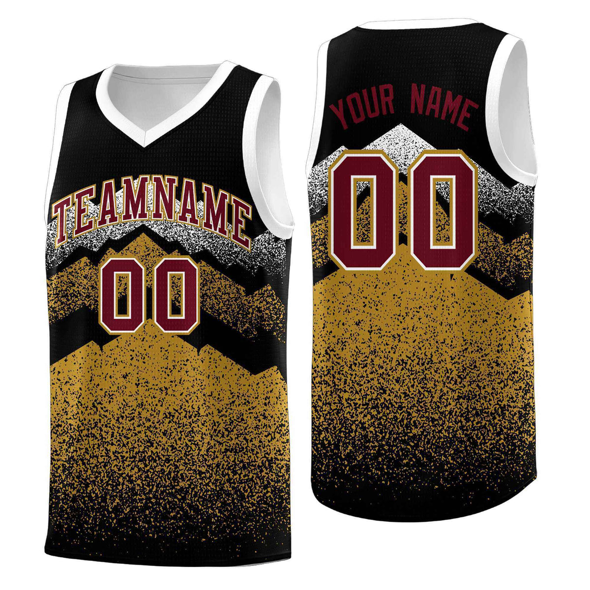 Custom Youth Basketball Jerseys Black Old Gold Gradient Mountain Design Uniforms