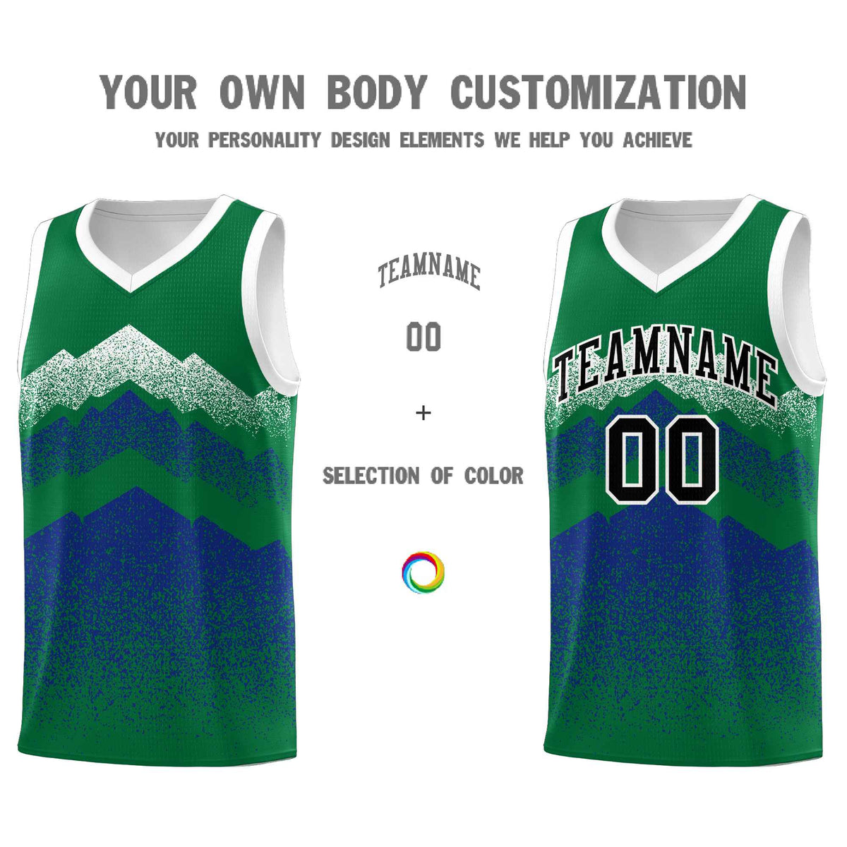 Custom Youth Basketball Jerseys Green Royal Gradient Mountain Design Uniforms