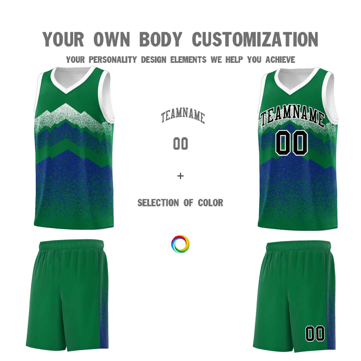 Custom Youth Basketball Jerseys Green Royal Gradient Mountain Design Uniforms