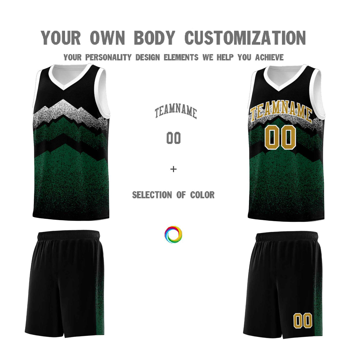 Personalized Youth Basketball Jerseys   Black Green Gradient Mountain Design Uniforms