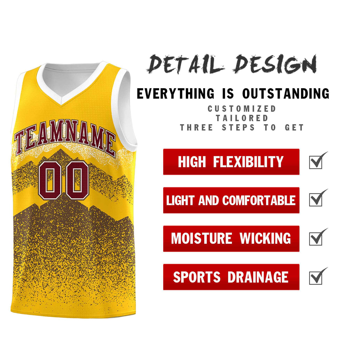 Custom Youth Basketball Jerseys Gold Coffee Gradient Mountain Design Uniforms