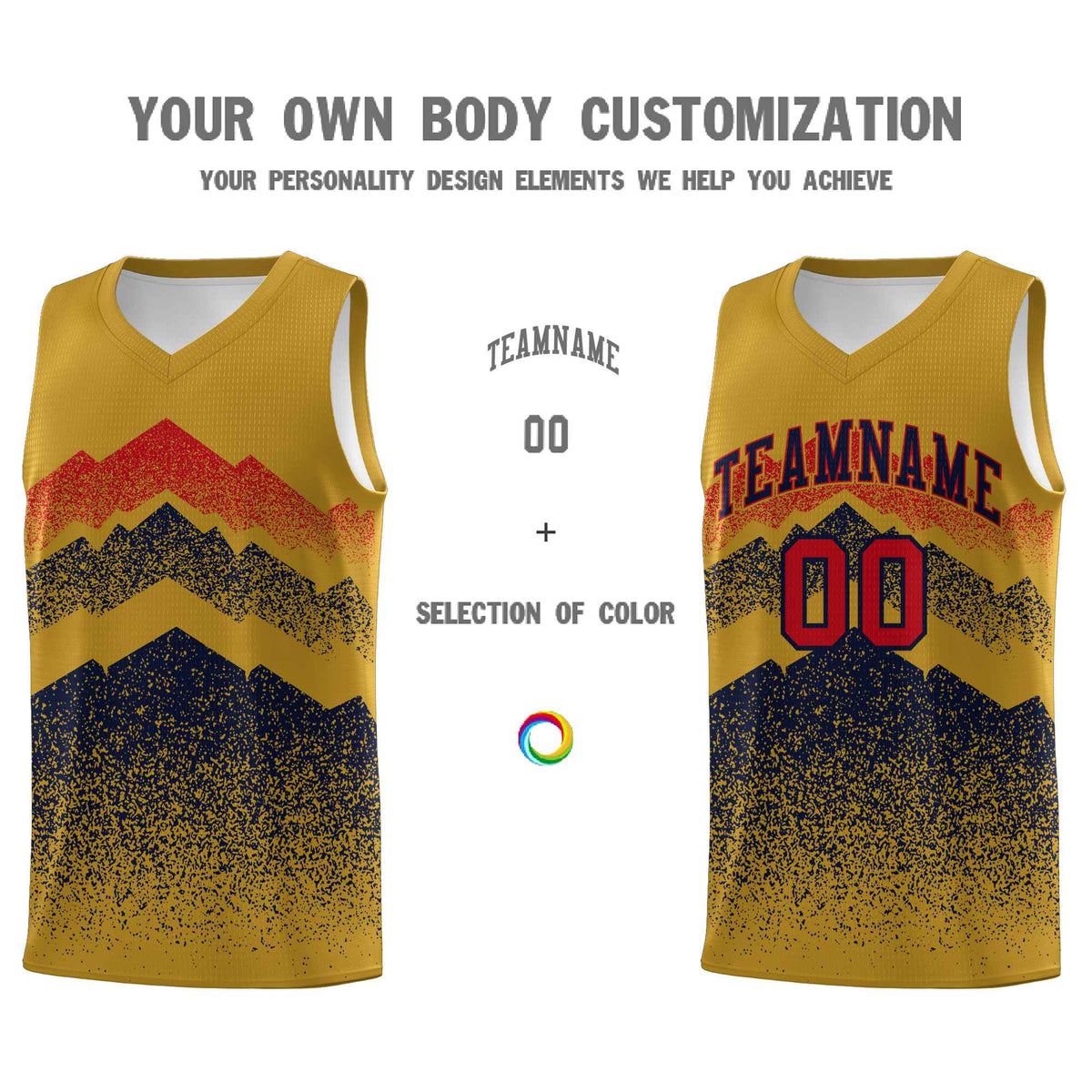 Personalized Youth Basketball Jerseys   Old Gold Navy Gradient Mountain Design Uniforms