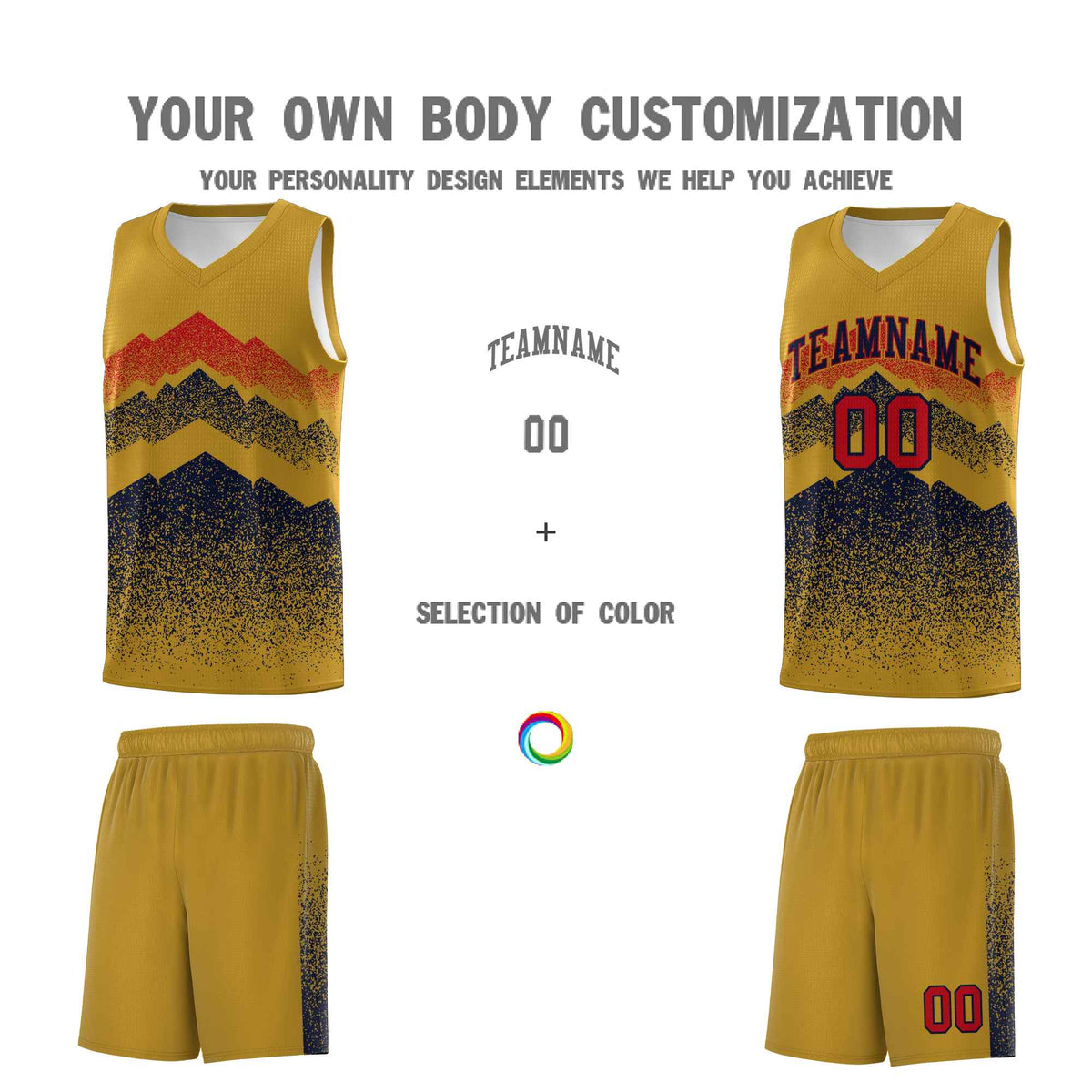 Personalized Youth Basketball Jerseys   Old Gold Navy Gradient Mountain Design Uniforms