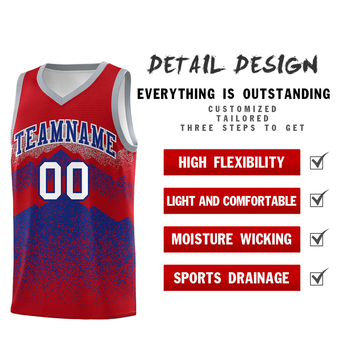 Custom Youth Basketball Jerseys Red Royal Gradient Mountain Design Uniforms