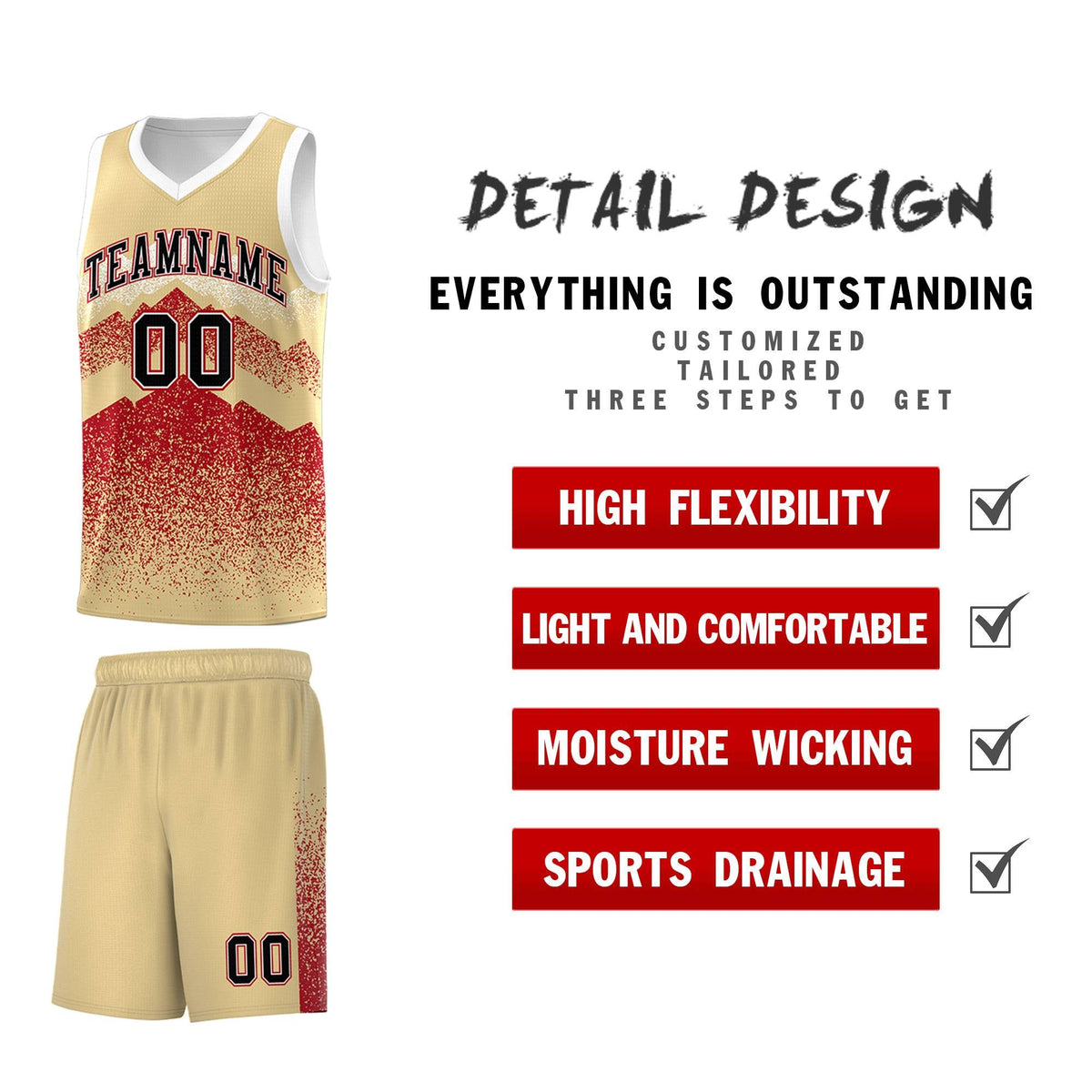 Custom Youth Basketball Jerseys Khaki Red Gradient Mountain Design Uniforms