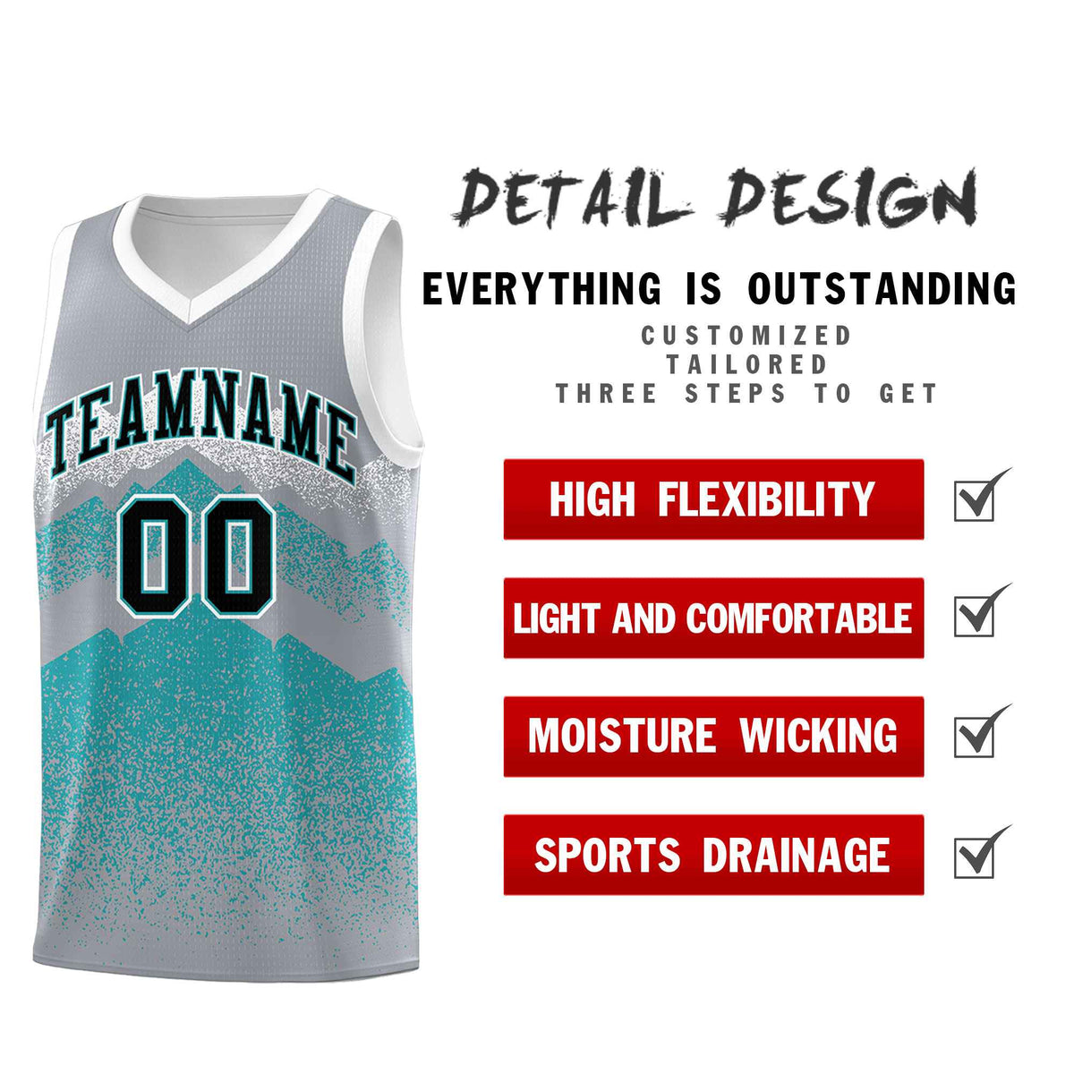 Personalized Youth Basketball Jerseys   Silver Teal Gradient Mountain Design Uniforms