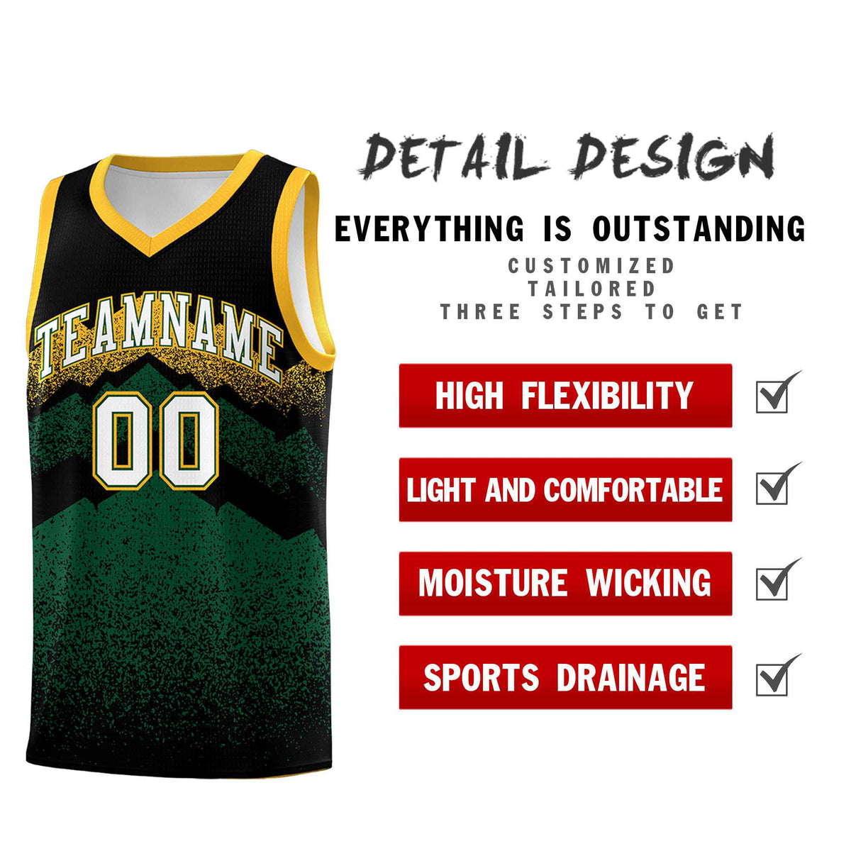 Custom Youth Basketball Jerseys Black Green Gradient Mountain Design Uniforms