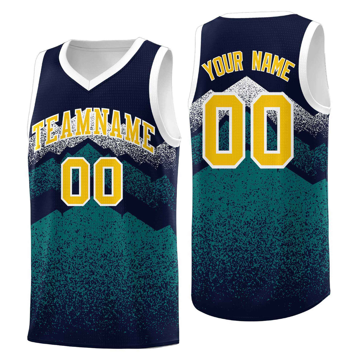 Custom Youth Basketball Jerseys Navy Teal Gradient Mountain Design Uniforms