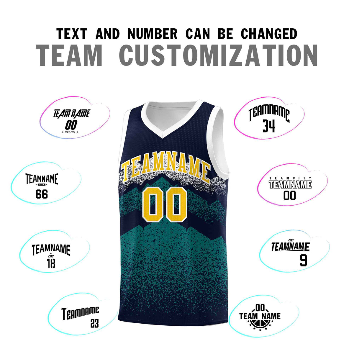 Custom Youth Basketball Jerseys Navy Teal Gradient Mountain Design Uniforms