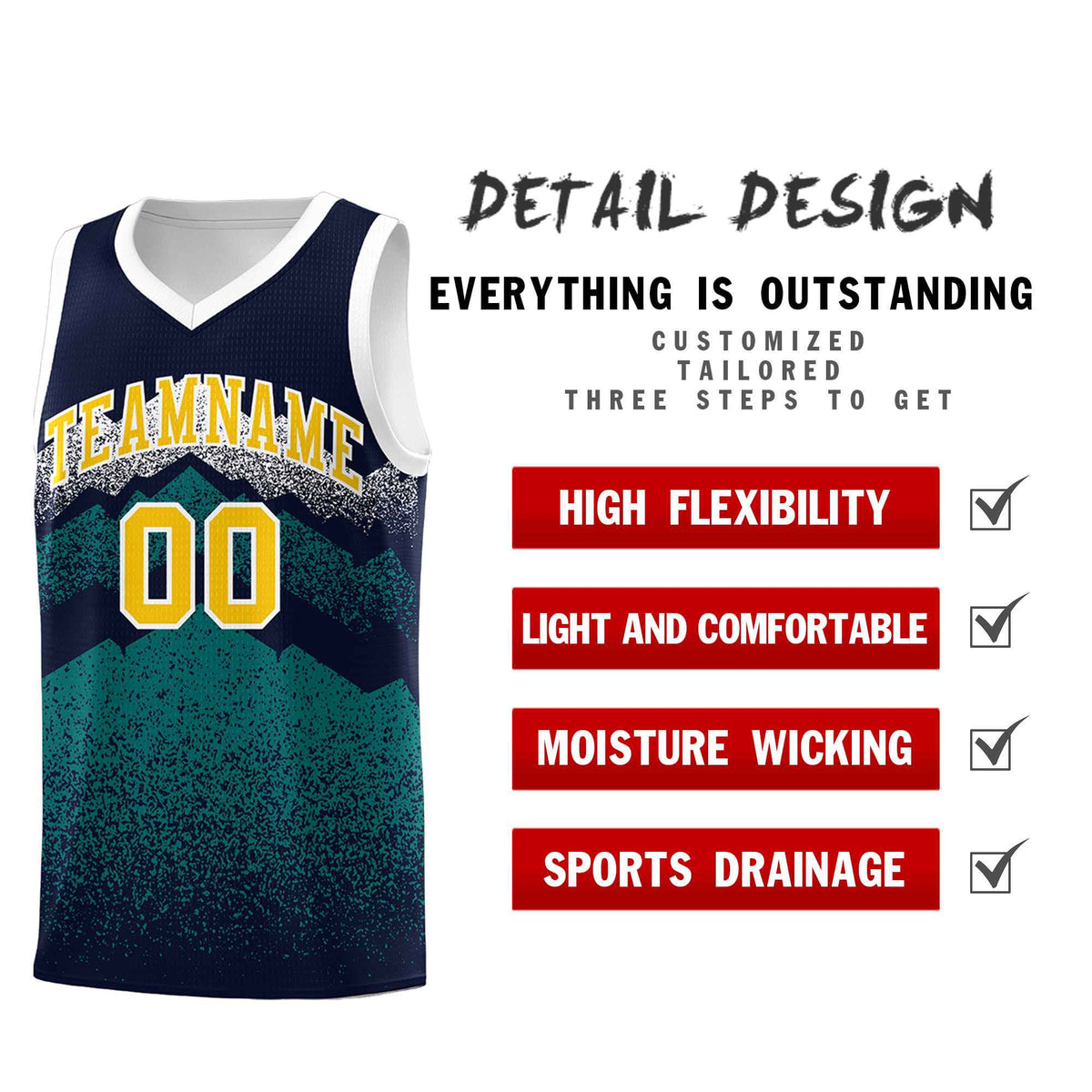 Custom Youth Basketball Jerseys Navy Teal Gradient Mountain Design Uniforms