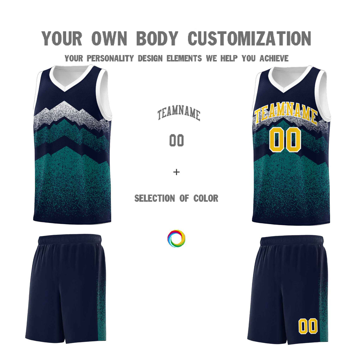 Custom Youth Basketball Jerseys Navy Teal Gradient Mountain Design Uniforms