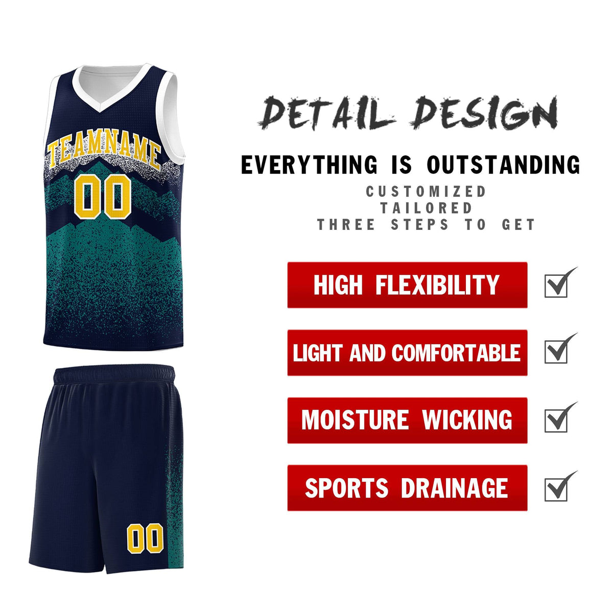Custom Youth Basketball Jerseys Navy Teal Gradient Mountain Design Uniforms