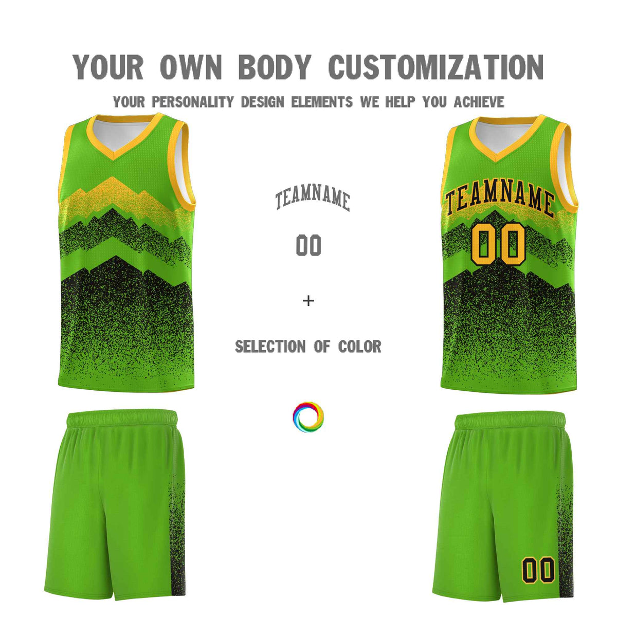 Custom Youth Basketball Jerseys Green Black Gradient Mountain Design Uniforms