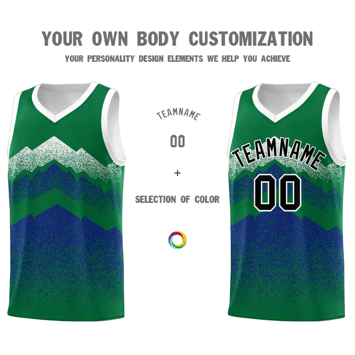 Custom Youth Basketball Jerseys Green Royal Gradient Mountain Design Uniforms