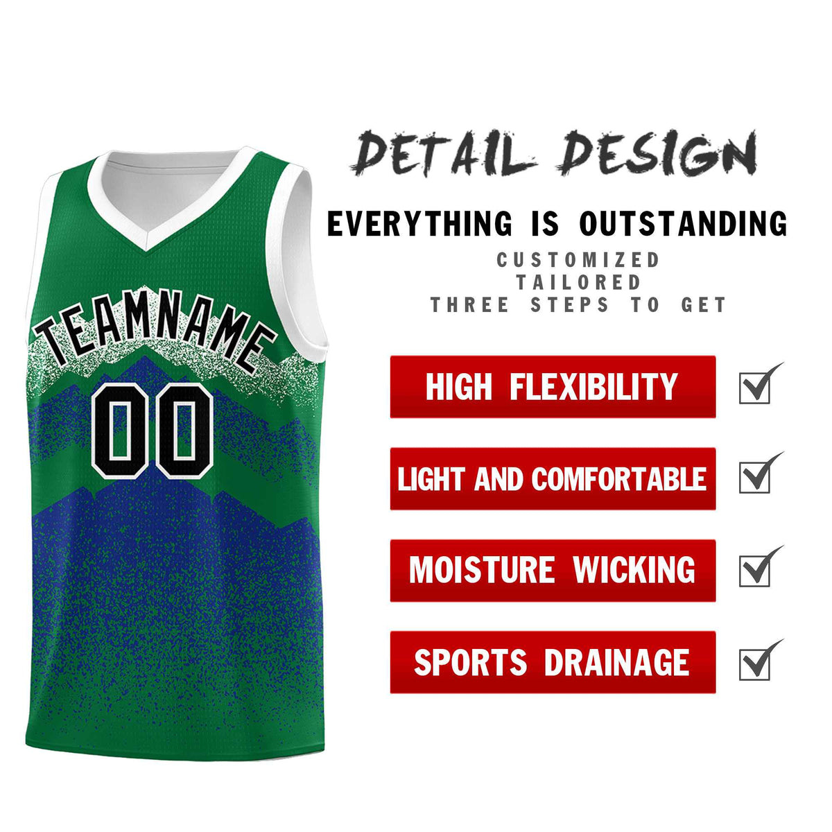 Custom Youth Basketball Jerseys Green Royal Gradient Mountain Design Uniforms