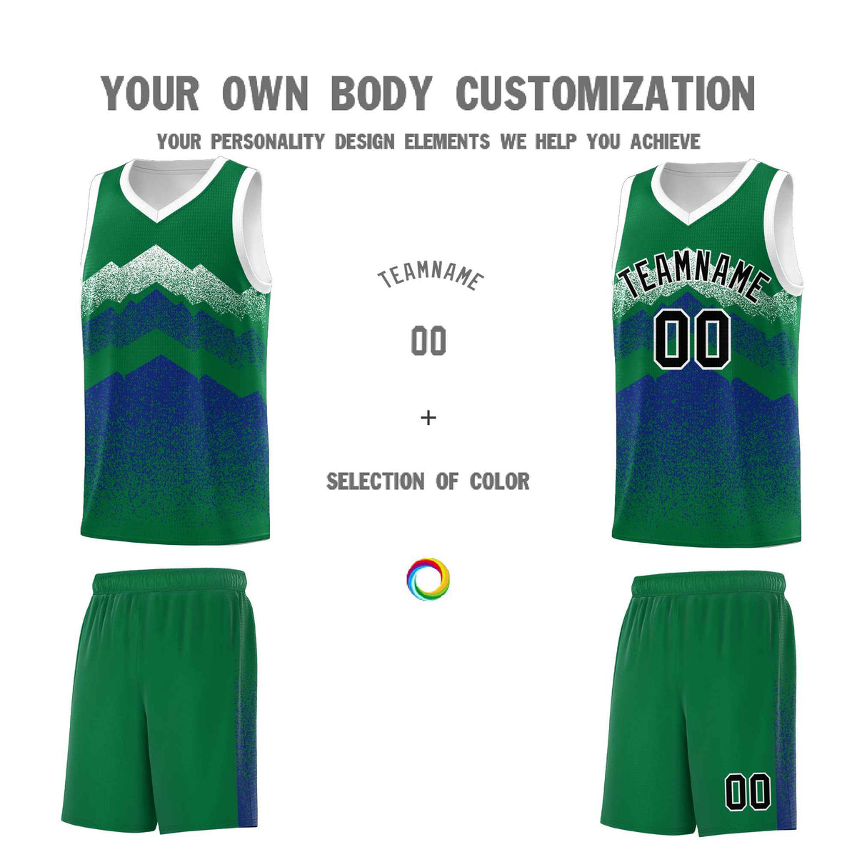 Custom Youth Basketball Jerseys Green Royal Gradient Mountain Design Uniforms