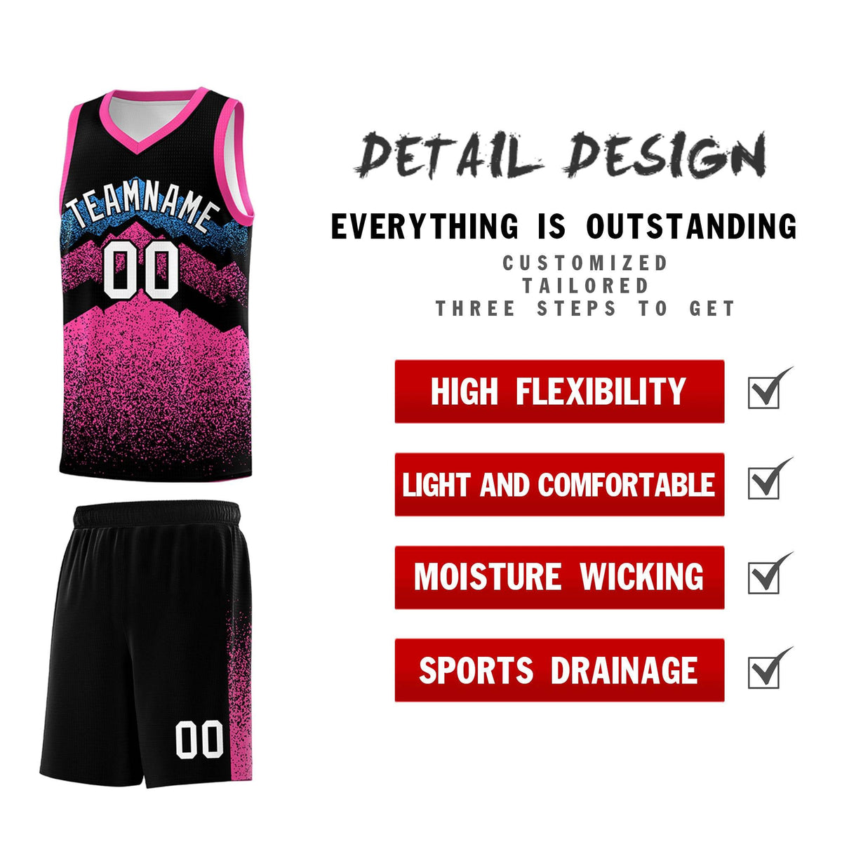 Personalized Youth Basketball Jerseys   Black Pink Gradient Mountain Design Uniforms