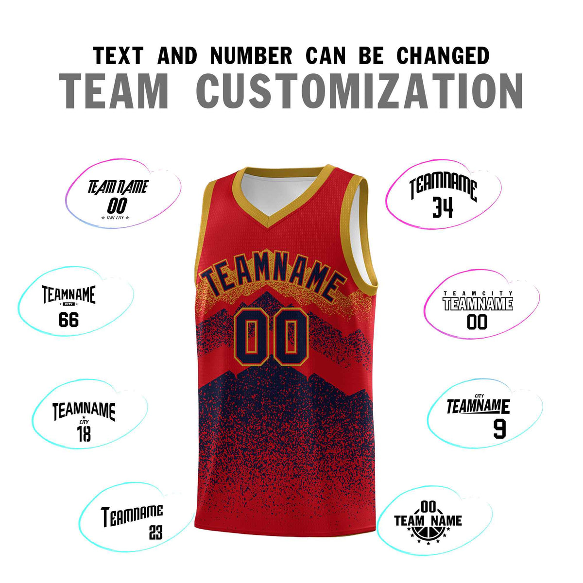 Personalized Youth Basketball Jerseys   Red Navy Gradient Mountain Design Uniforms