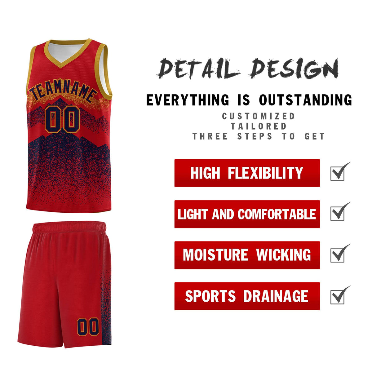 Personalized Youth Basketball Jerseys   Red Navy Gradient Mountain Design Uniforms