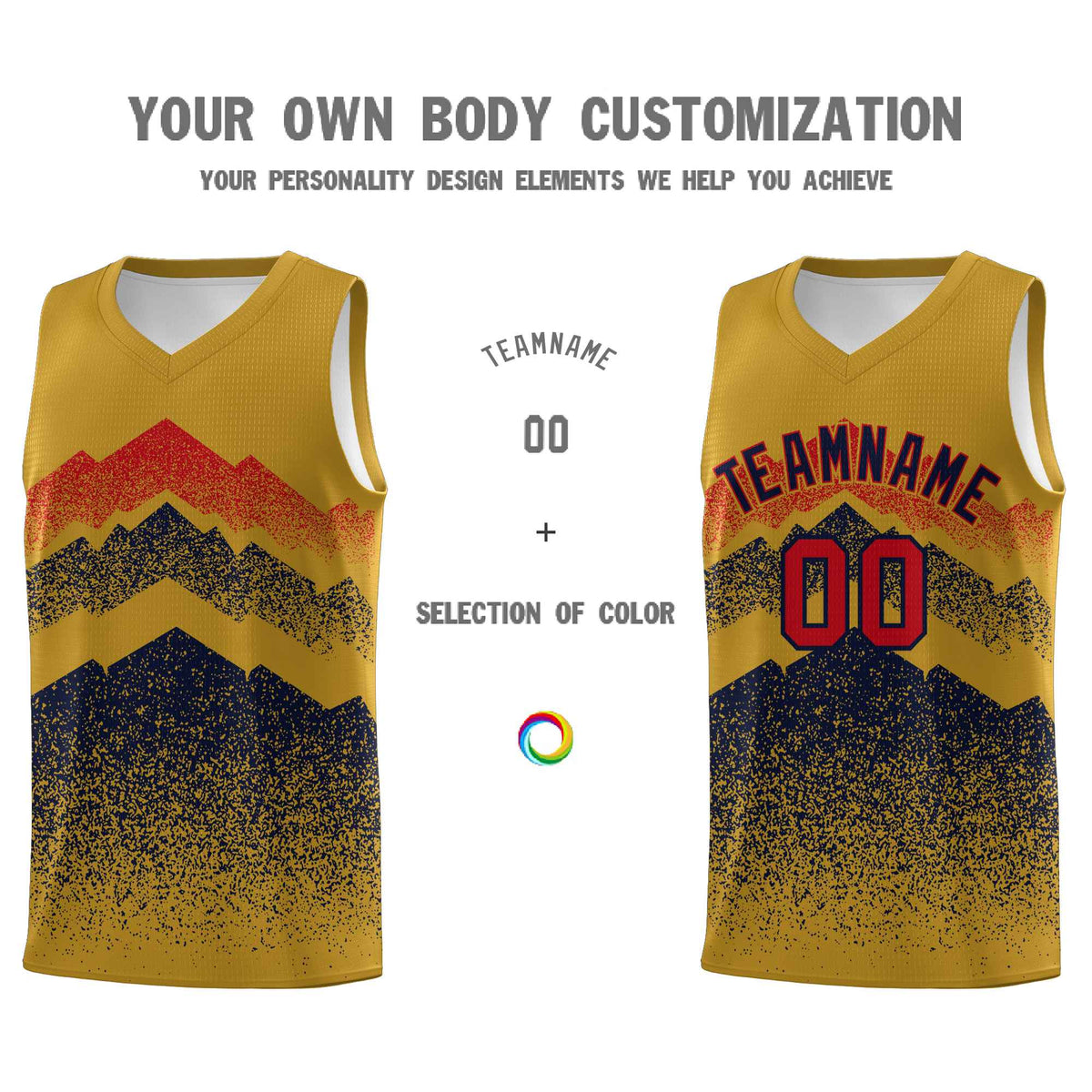 Personalized Youth Basketball Jerseys   Old Gold Navy Gradient Mountain Design Uniforms