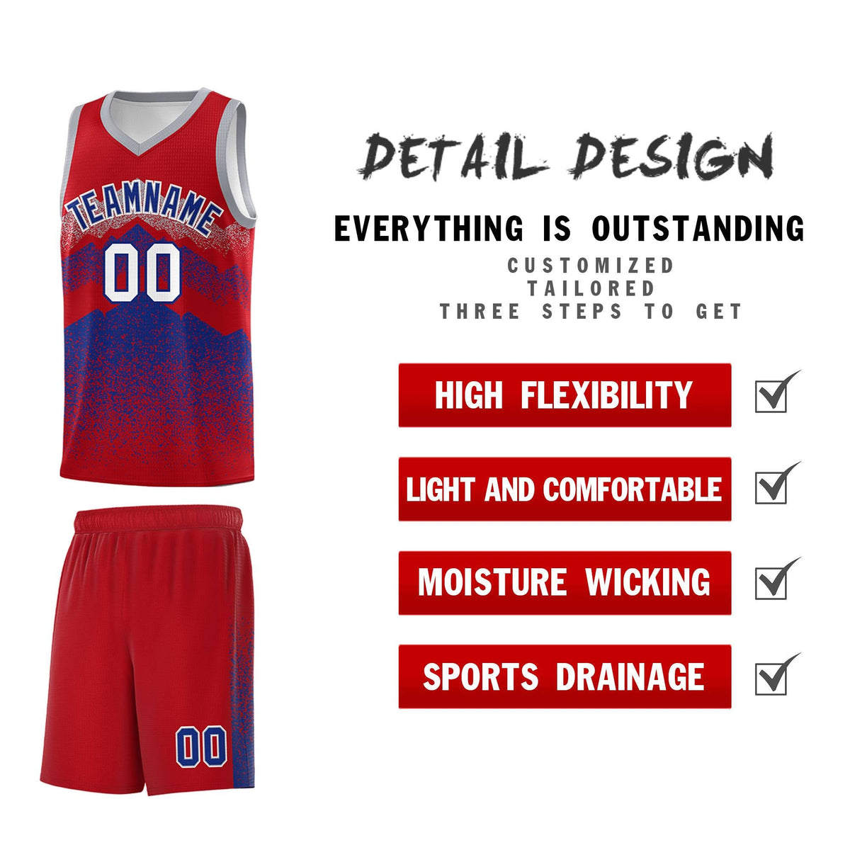 Custom Youth Basketball Jerseys Red Royal Gradient Mountain Design Uniforms