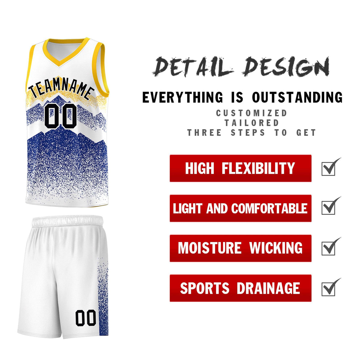 Custom Youth Basketball Jerseys White Royal Gradient Mountain Design Uniforms