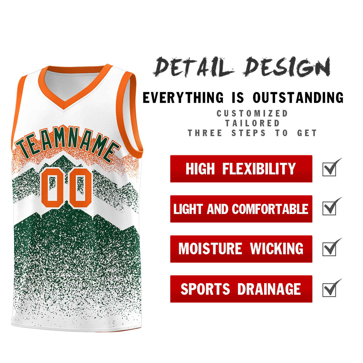 Custom Youth Basketball Jerseys White Green Gradient Mountain Design Uniforms