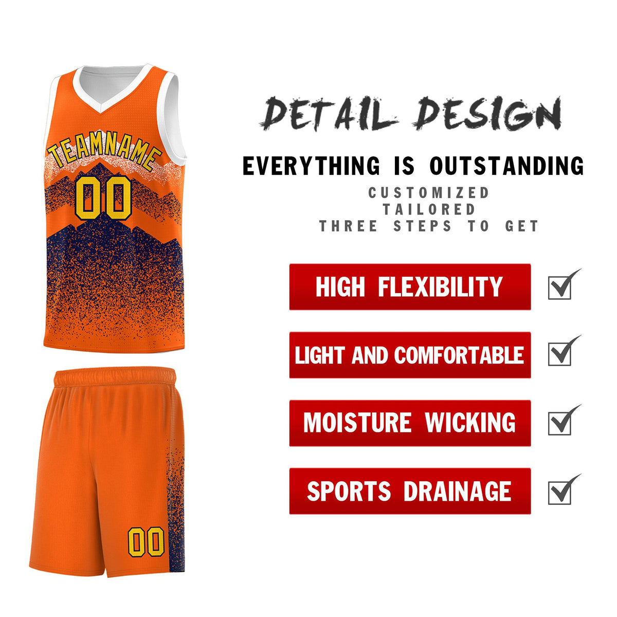 Custom Youth Basketball Jerseys Orange Navy Gradient Mountain Design Uniforms