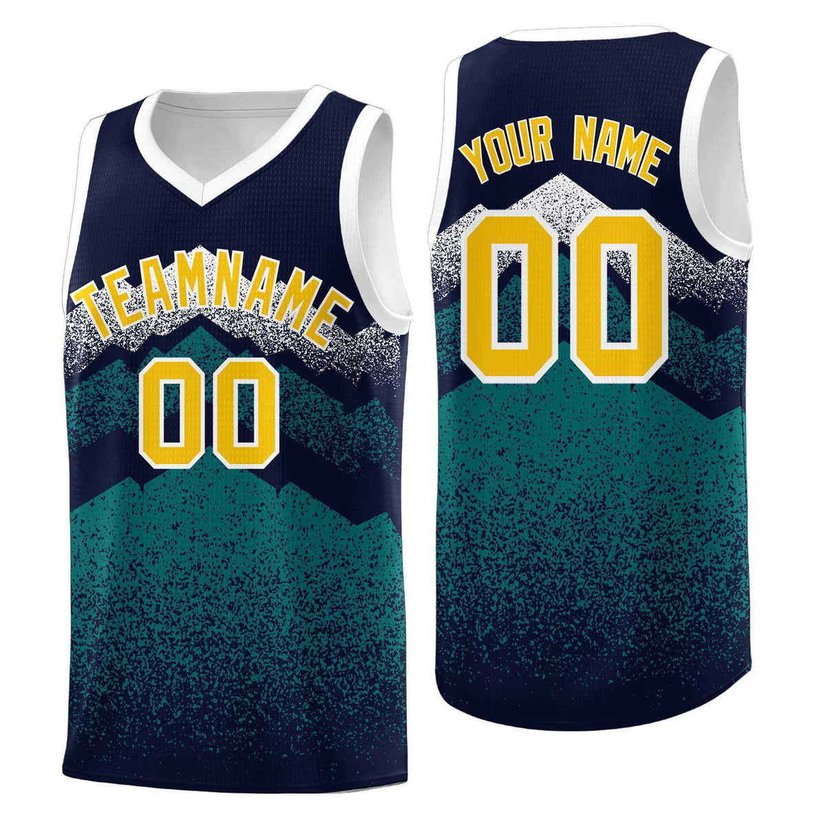 Custom Youth Basketball Jerseys Navy Teal Gradient Mountain Design Uniforms