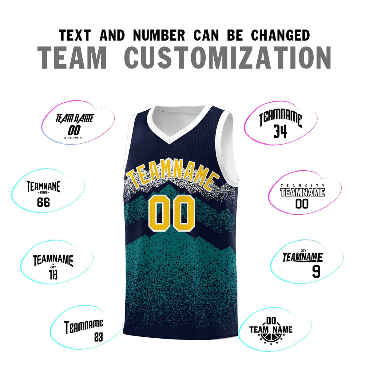 Custom Youth Basketball Jerseys Navy Teal Gradient Mountain Design Uniforms