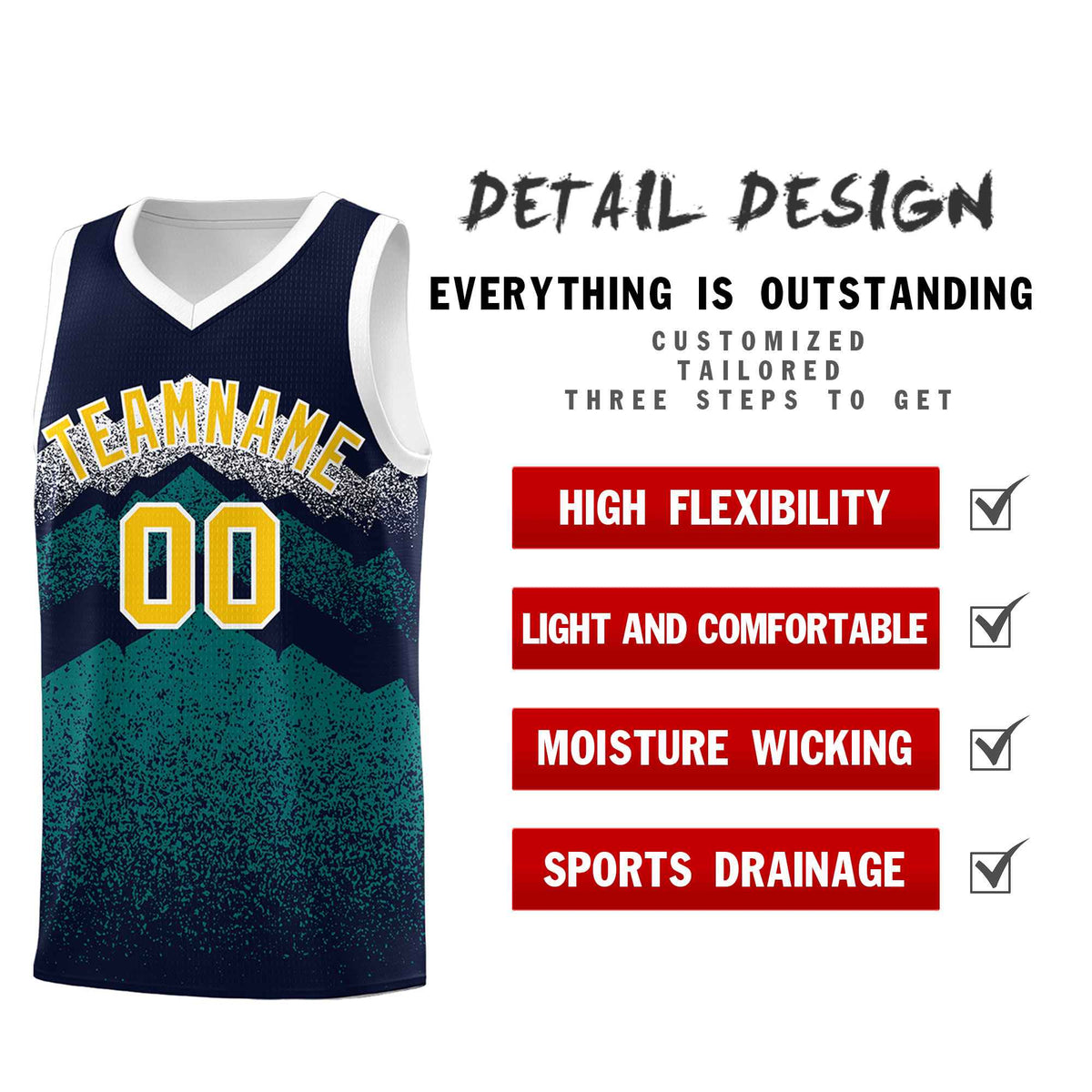 Custom Youth Basketball Jerseys Navy Teal Gradient Mountain Design Uniforms
