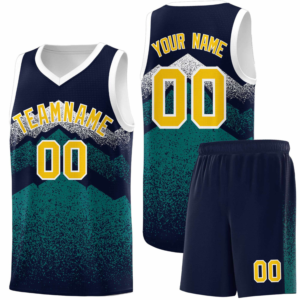 Custom Youth Basketball Jerseys Navy Teal Gradient Mountain Design Uniforms