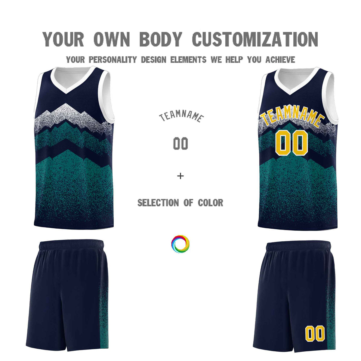 Custom Youth Basketball Jerseys Navy Teal Gradient Mountain Design Uniforms