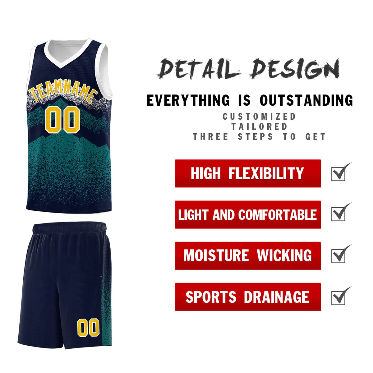 Custom Youth Basketball Jerseys Navy Teal Gradient Mountain Design Uniforms