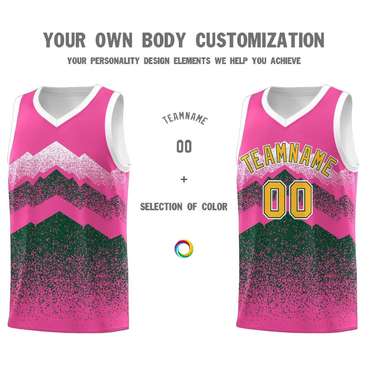 Personalized Youth Basketball Jerseys   Pink Green Gradient Mountain Design Uniforms