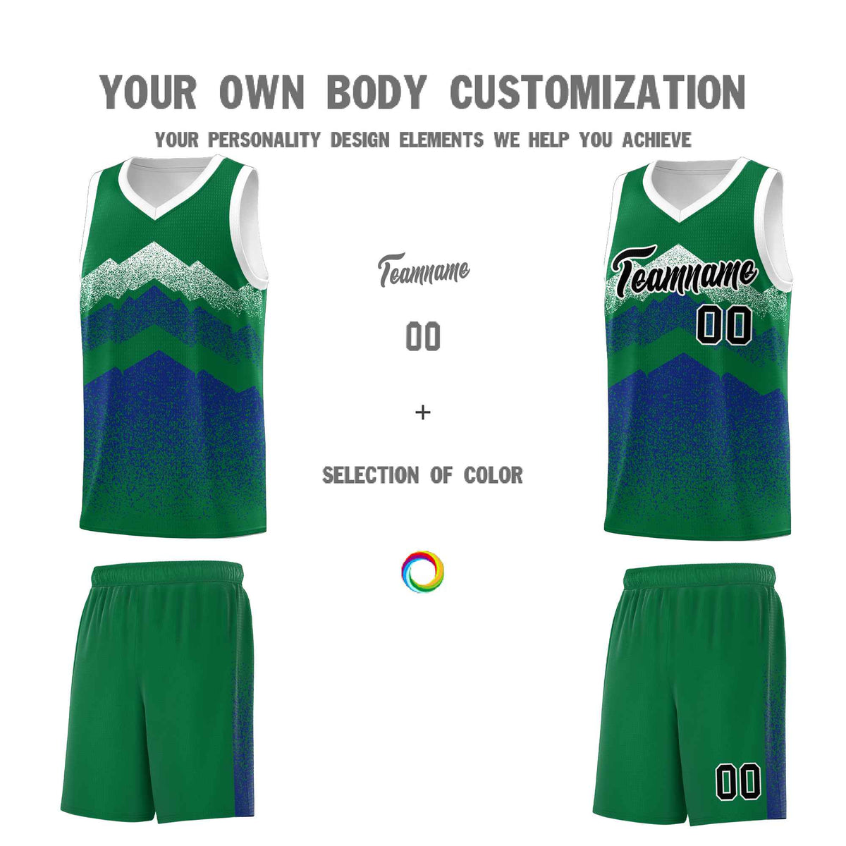 Custom Youth Basketball Jerseys Green Royal Gradient Mountain Design Uniforms