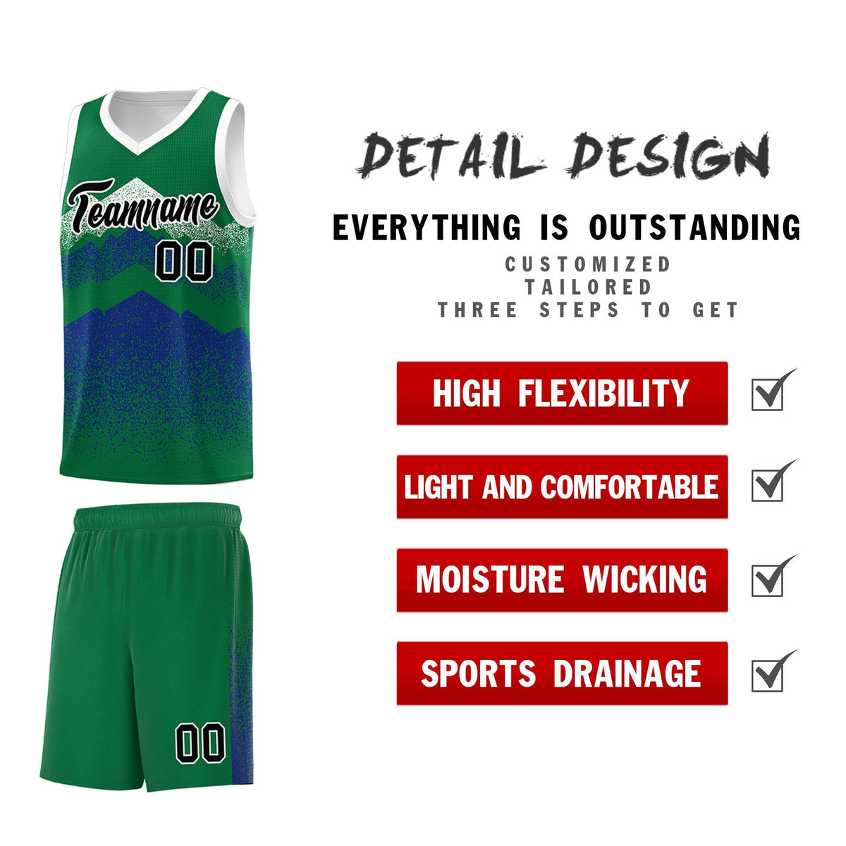 Custom Youth Basketball Jerseys Green Royal Gradient Mountain Design Uniforms