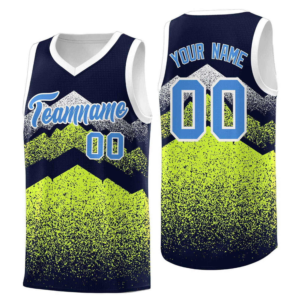 Personalized Youth Basketball Jerseys   Navy Neon Green Gradient Mountain Design Uniforms