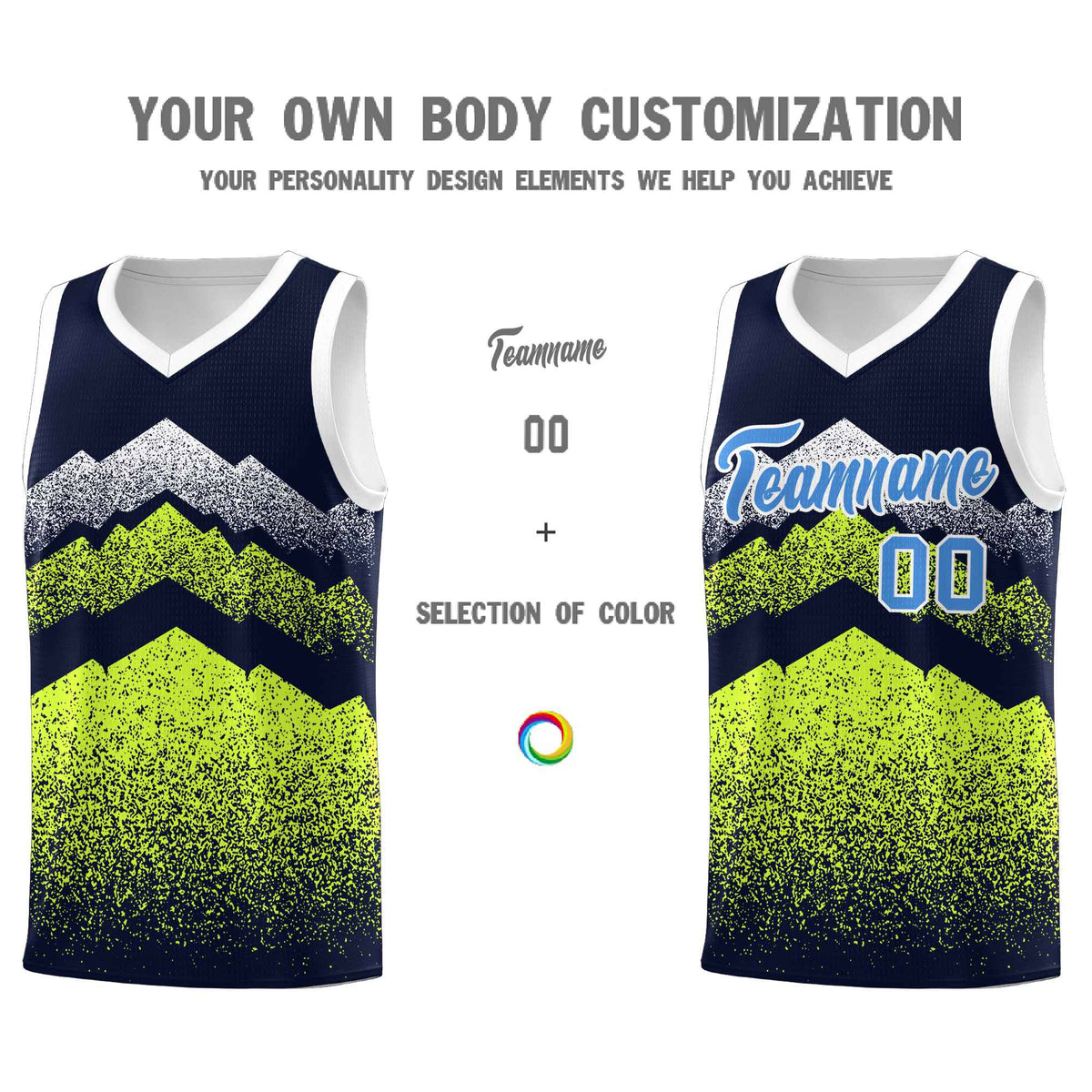 Personalized Youth Basketball Jerseys   Navy Neon Green Gradient Mountain Design Uniforms